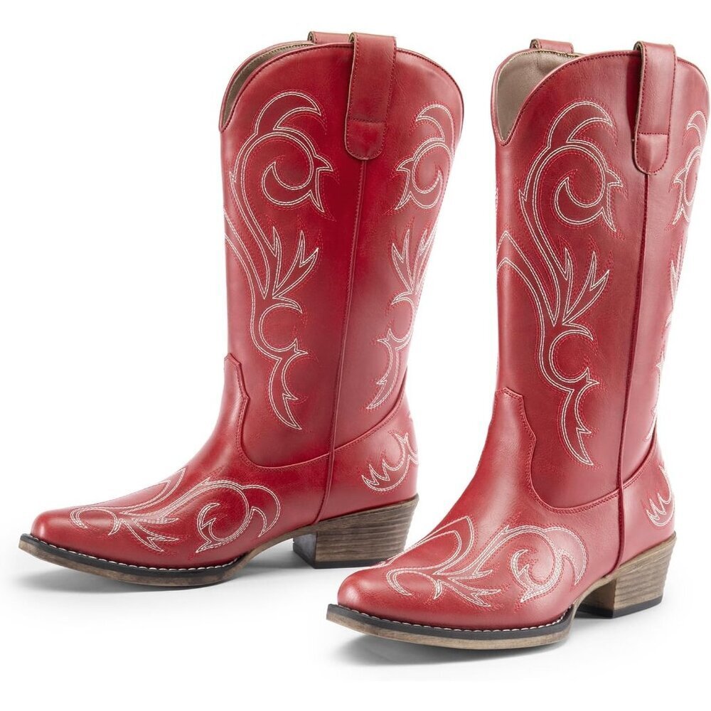 Women's Red Mid Calf Cowgirl Square Toe Chunky Embroidery Stitched Boots
